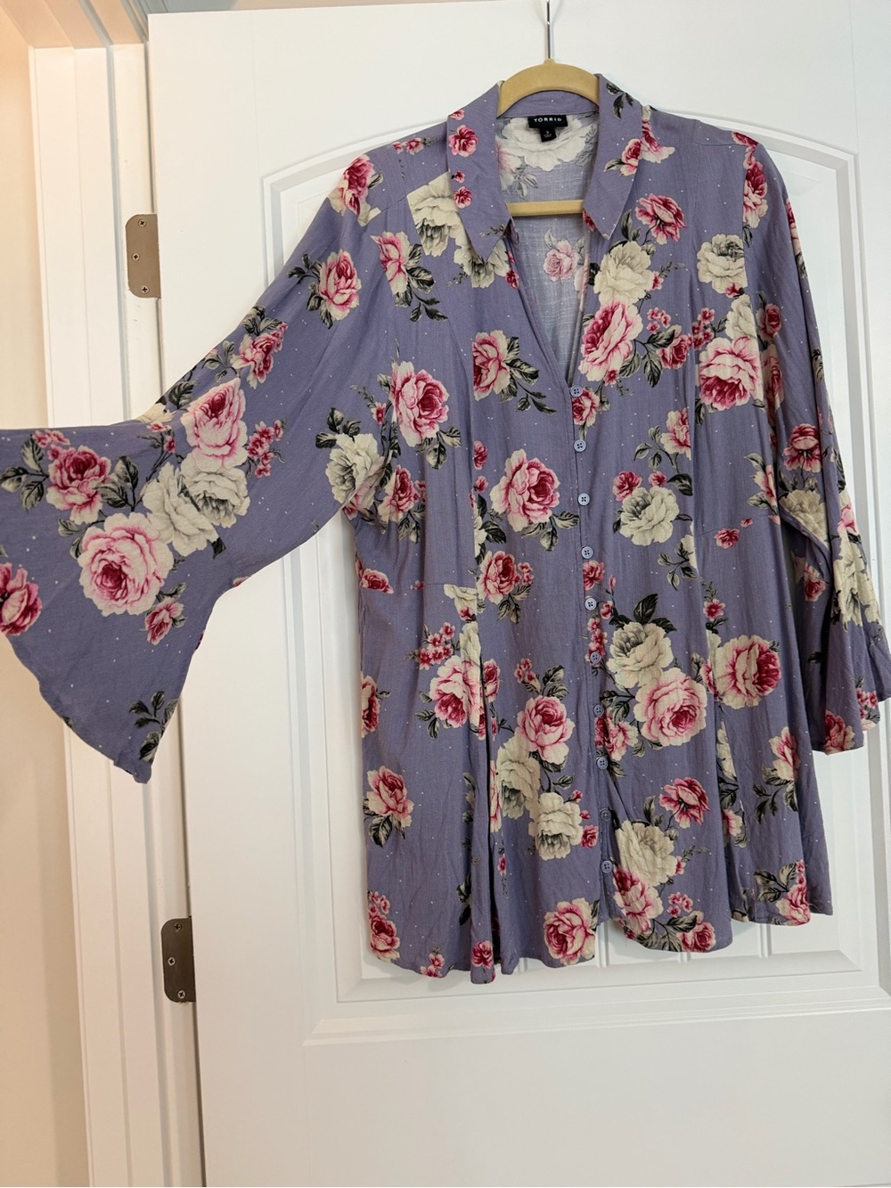 torrid Lavender Floral Button-Up Blouse with Bell Sleeves